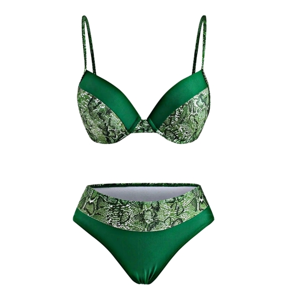 Snake Print Bikini Set – Green Colorblock, Adjustable Push-Up Top, Full Coverage - Picture 4 of 13